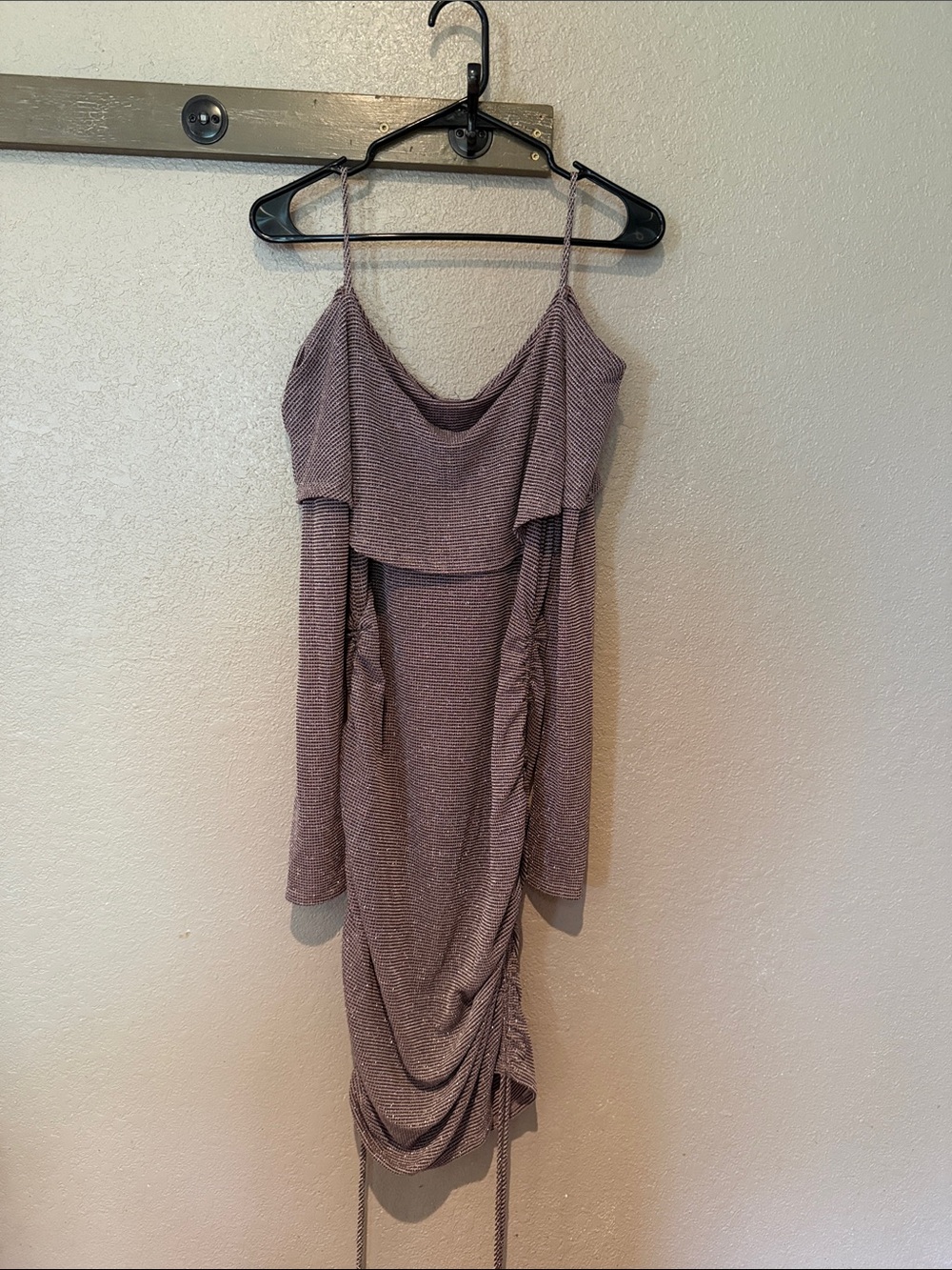 Spaghetti Strap Off-Shoulder Ruched Midi Dress in Mauve